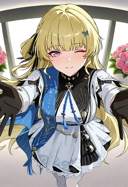 1girl, solo, phoebe wuthering waves, blonde hair, purple eyes, black gloves, blue sash, side cape, blue cape, long sleeves, white dress, white pantyhose, looking at viewer,
offering bouquet to viewer, both arms extended, happy expression, pov kiss, flower shop, soft lighting, romantic gesture, close-up, from above, one eye closed, 
, <lora:Character_Phoebe-000015:0.8>