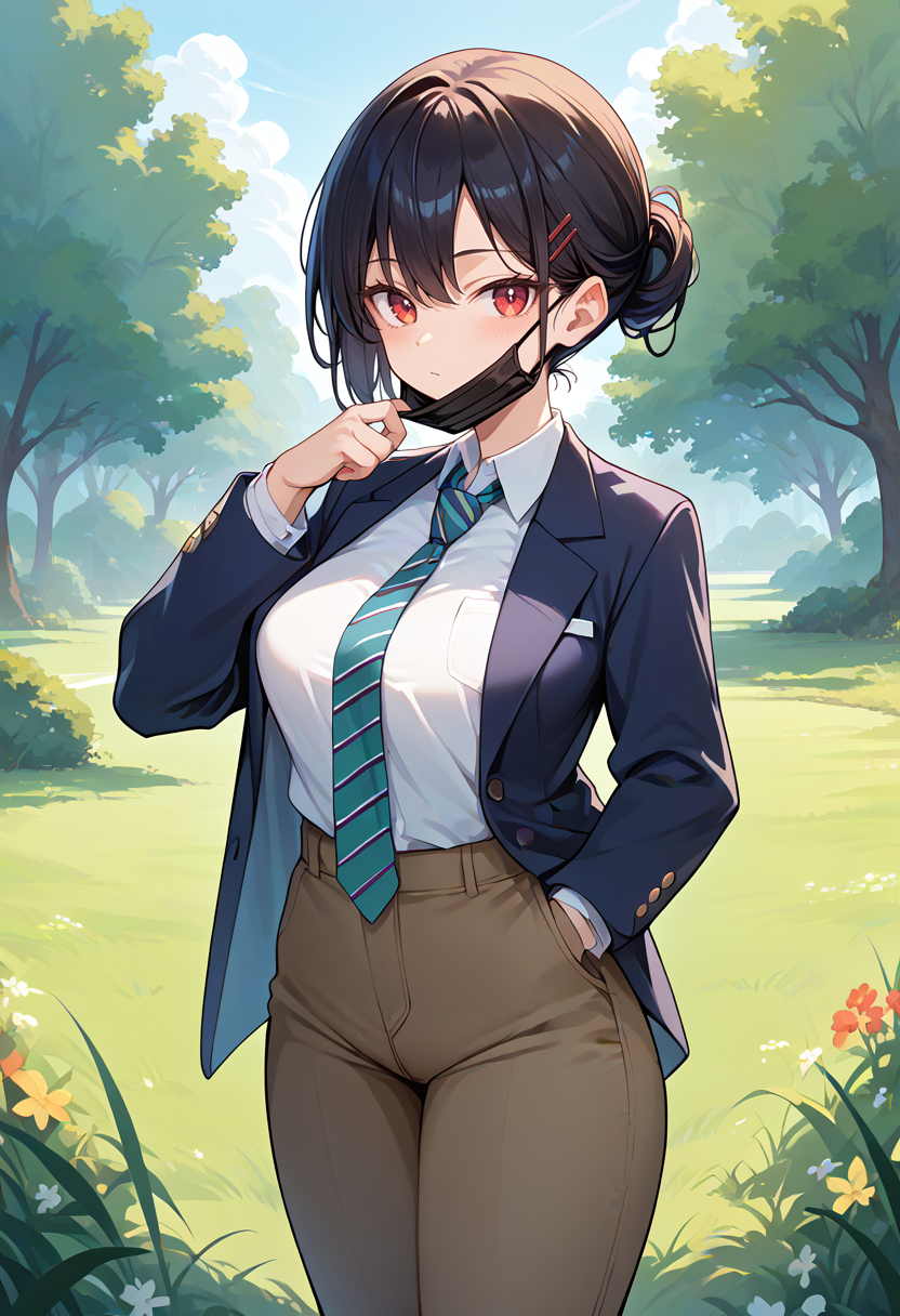 score_9,score_8_up,score_7_up,score_6_up,score_5_up,score_4_up,
1girl, breasts, pants, necktie, collared shirt, blazer, 
cowboy shot, solo, outdoors, grass, looking at viewer, 
mask pull, mouth mask, 
<lora:maskpullponyxl:1>