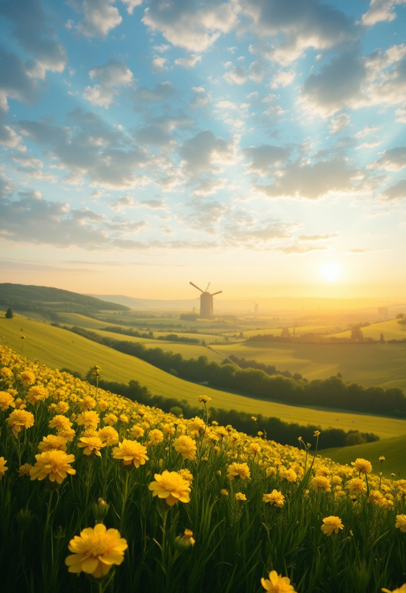 detailed background, from above,( Calm spring morning landscape), beautiful view, Flower Field, canola flower in full bloom, canola flower, early morning, sunrise sky, beautiful clouds, dappled sunlight, 
I can see a windmill in the distance, 
depth of field, masterpiece, best quality, ultra-detailed, very aesthetic, illustration, perfect composition, intricate details, absurdres, moody lighting, wisps of light, no humans,
