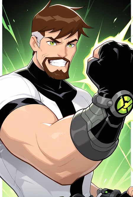 <lora:ben10k-10:1> ben10k, brown hair, male focus, facial hair, beard, short hair, mustache, mature male, muscular, green eyes, white shirt, turtle neck, full facial hair,, two-tone hair, black gauntlet on right arm, fingerless gloves, glowing green symbol on gauntlet, angry, smile, clenched teeth, punching, raised one arm, clenched fist, solo,, masterpiece, best quality, amazing quality, very aesthetic, absurdres, newest,, upper body, halftone effect, white borders, abstract background:1.2,