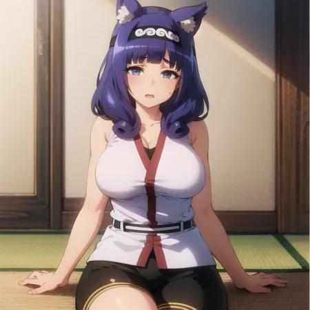 beautiful, masterpiece, best quality, extremely detailed face, perfect lighting, 1girl, solo, <lora:HitamuKyan:0.7>, hitamukyan, hairband, shirt, bike shorts, belt,