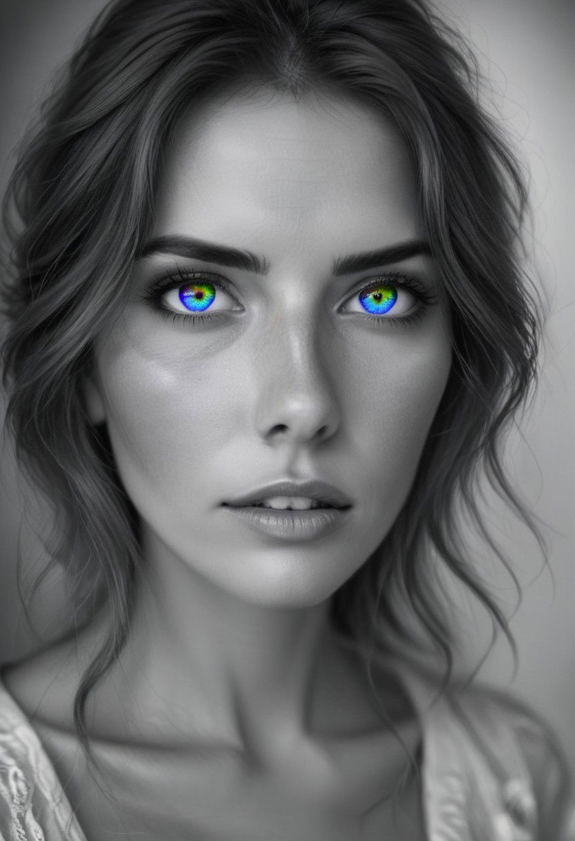 Masterpiece, realistic picture, thoughtful woman, black and white face tones,. professional advert photography, shining Rainbowiridal eyes, intense gaze