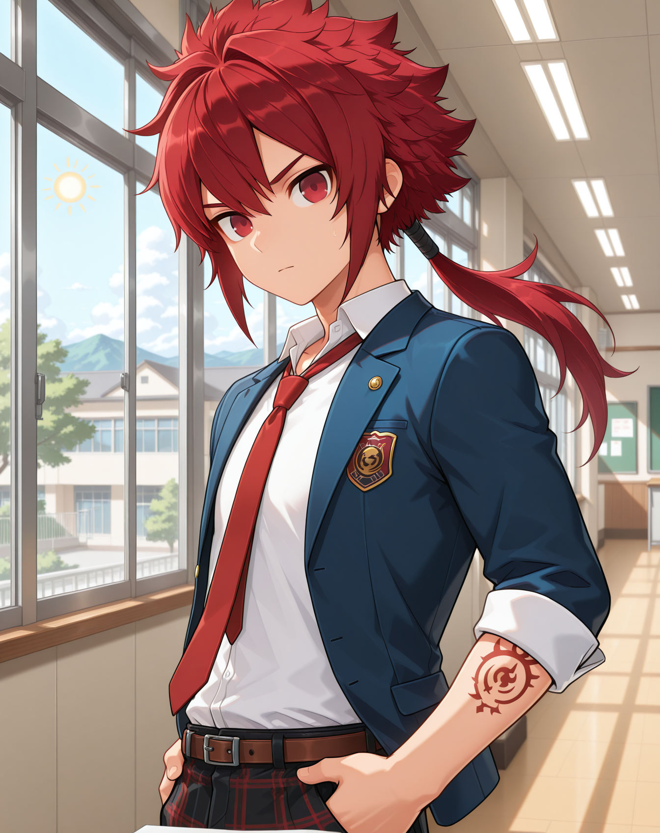 masterpiece,best quality,amazing quality, newest, very aesthetic, absurdres,
1boy, solo, yaoi, male focus, looking at viewer, cowboy shot,
 <lora:Elsword_Rune_Slayer_ilxl:1> elswordrs, red hair, red eyes, arm tattoo, spiked hair, ponytail, long hair,
school uniform, white shirt, collared shirt, blue jacket, red necktie, black pants, plaid pants,
indoors, school, hallway, window, day, sun,