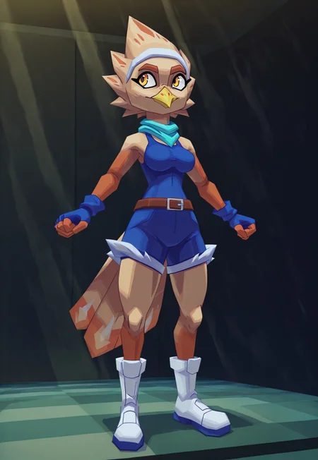(beautiful, masterpiece, absurd res, detailed, dynamic lighting), artist:atlyss, 3d \(artwork\), low poly, 1girl, solo, k41k0, female furry bird, avian, beige feathers, beige hair, spiky hair, beak, yellow beak, yellow eyes, bird tail, teal scarf, white hairband, blue gloves, fingerless gloves, blue tank top, blue shorts, belt, white footwear