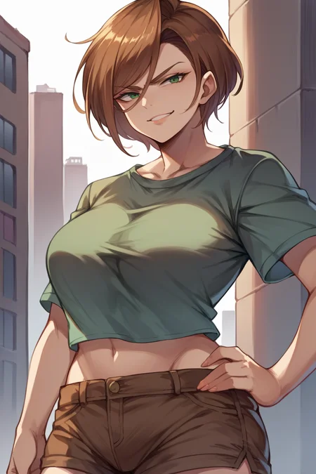 score_9, score_8_up, score_7_up, score_6_up, source_anime, 1girl, solo <lora:gbfbk-pdxl-nvwls-v1-000005:1> gbfBK, short hair, brown hair, green eyes, blue t-shirt, big breasts, midriff, brown shorts, looking at you, smirk, hand on hip, city