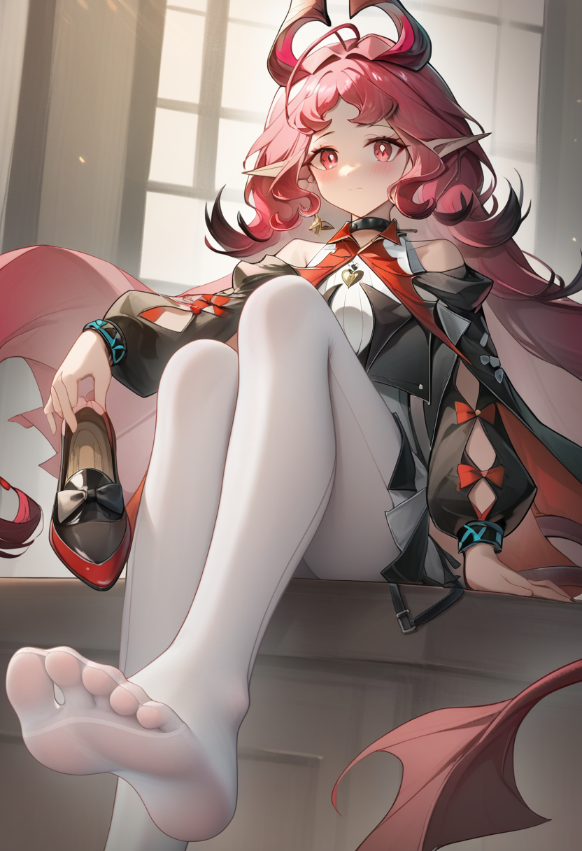 score_9,score_8_up,score_7_up,<lora:nymph_(arknights):1>,nymph_(arknights),foreshortening,toes,blush,jewelry,no_shoes,foot_focus,closed_mouth,soles,legs,1girl,skirt,looking_at_viewer,holding_shoes,solo,white_pantyhose,unworn_shoes,sitting,