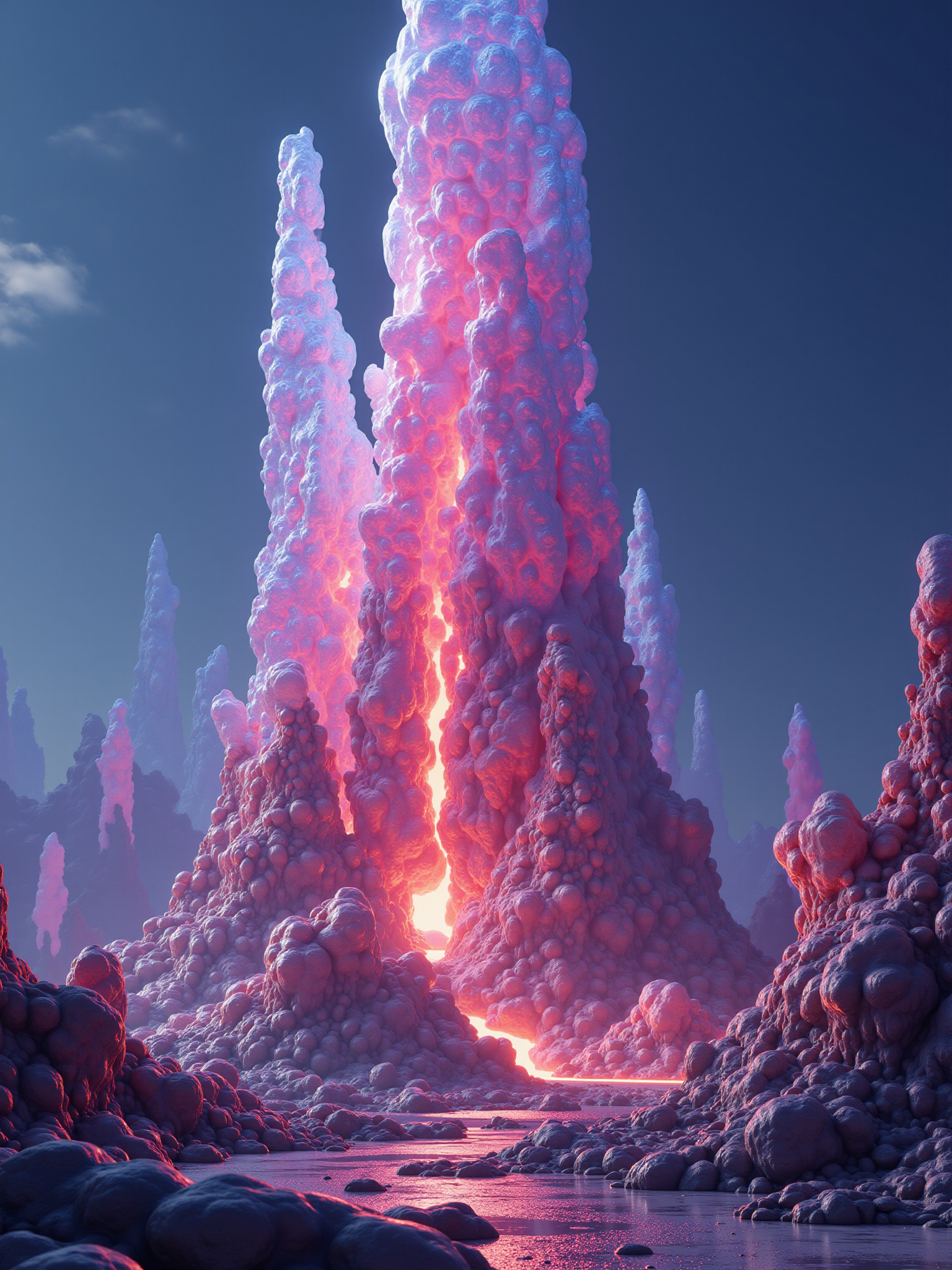 A surreal landscape feature rendered with incredible detail, filling the frame. It could be a towering crystal formation or a bizarre plant structure, but its surface is undeniably futurism hyperreal iridescent, shimmering with unnatural beauty. Parts of the formation are internally glowing, illuminating the area around it, and its multifaceted surface creates complex, distorted reflections of the alien sky above. This digital art scene is composed with a cinematic eye for the sublime and hyperreal detail, perfect for a nature or science magazine cover.
<lora:ral-iridescent-hyperreal-futurism-flux_000003000:1>