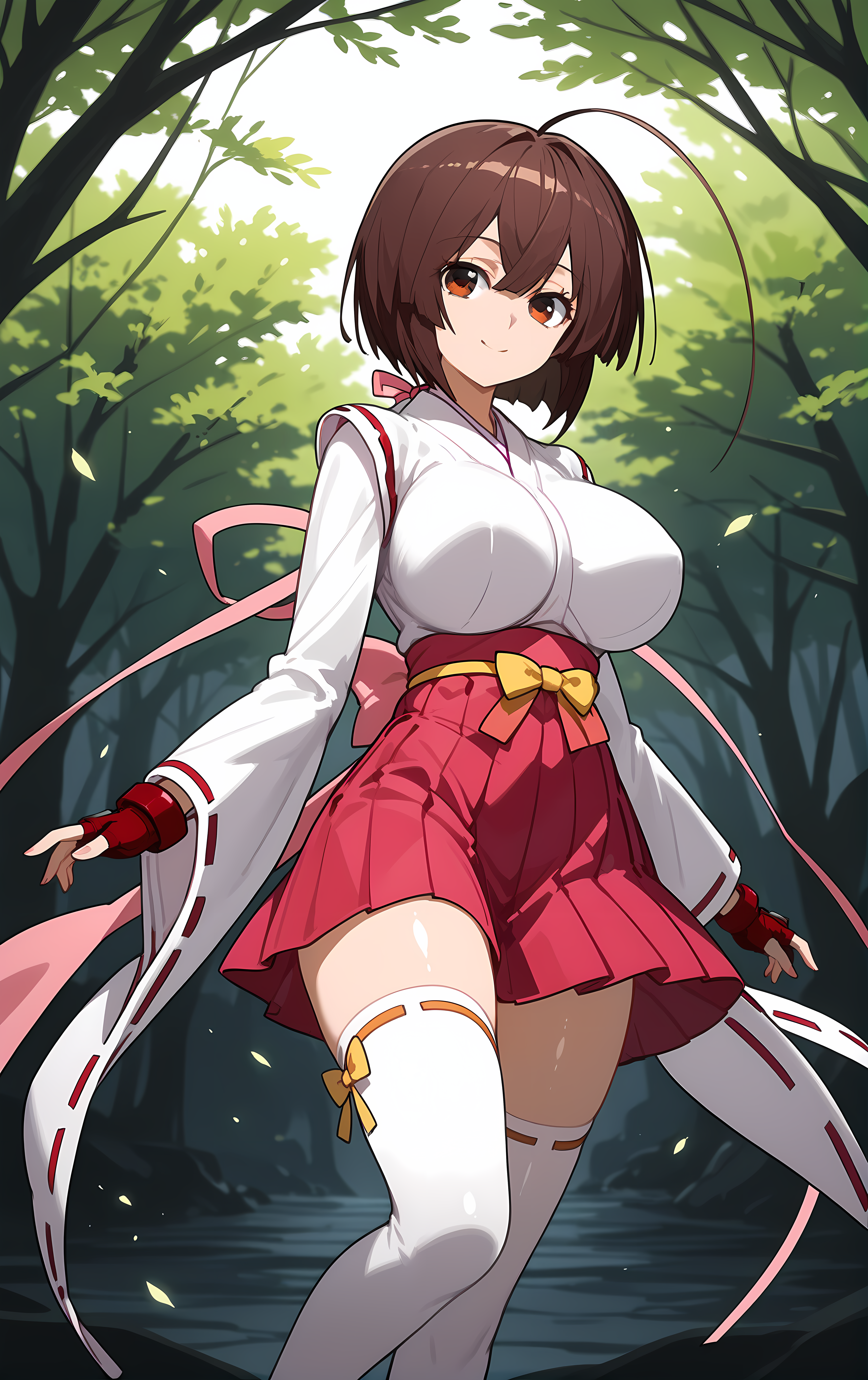 (score_9, score_8_up, score_7_up), looking at viewer, smile, closed mouth, shiny skin,
ohwx, 1girl, solo, brown_hair, brown_eyes, long_hair, ahoge, breasts, short_hair, large_breasts, ahoge, huge_ahoge,
fingerless_gloves, bare_shoulders, bow, gloves, hakama, hakama_short_skirt, hakama_skirt, impossible_clothes, impossible_shirt, jacket, japanese_clothes, kimono, long_sleeves, miko, red_gloves, red_ribbon, ribbon, ribbon_trim, sash, shirt, skirt, thighhighs, white_thighhighs, wide_sleeves, zettai_ryouiki,
valley, Leaning against an invisible bar,
<lora:musubi_pony_ss-000001:1>