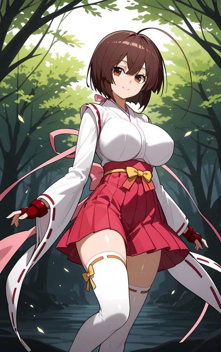 (score_9, score_8_up, score_7_up), looking at viewer, smile, closed mouth, shiny skin,
ohwx, 1girl, solo, brown_hair, brown_eyes, long_hair, ahoge, breasts, short_hair, large_breasts, ahoge, huge_ahoge,
fingerless_gloves, bare_shoulders, bow, gloves, hakama, hakama_short_skirt, hakama_skirt, impossible_clothes, impossible_shirt, jacket, japanese_clothes, kimono, long_sleeves, miko, red_gloves, red_ribbon, ribbon, ribbon_trim, sash, shirt, skirt, thighhighs, white_thighhighs, wide_sleeves, zettai_ryouiki,
valley, Leaning against an invisible bar,
<lora:musubi_pony_ss-000001:1>
