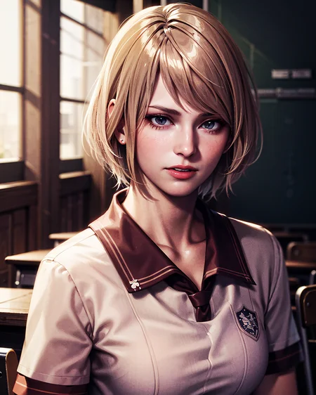 1girl, portrait of shot of re4ashley, athletic, black school uniform, white shirt, classroom, volumetric lighting, best quality, masterpiece, intricate details, tonemapping, sharp focus, hyper detailed, trending on Artstation, realistic, <lora:sxz-ashley-graham:0.6>