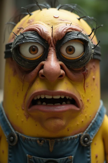 A close-up shot of a grotesque Minion character