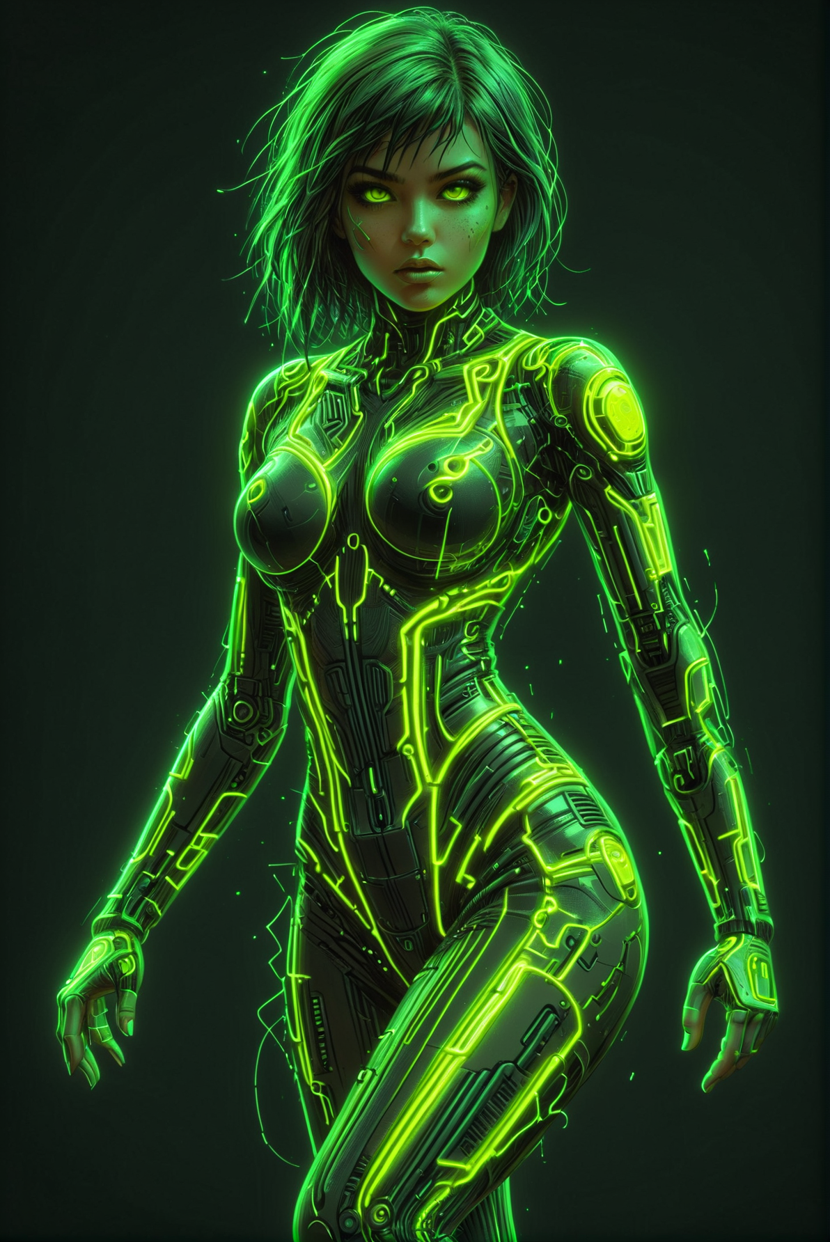 cyberpunk girl, neon_green outline, dark neon_yellow backgroung, scifi, 1980s, retro Running pose, athletic, cleavage  <lora:Dystopia:0.8> <lora:Neon_Cyberpunk_SDXL_-_Cyberspace:0.8> mad-cyberspace,, (masterpiece:1.2), best quality, (hyperdetailed, highest detailed:1.2), high resolution textures
