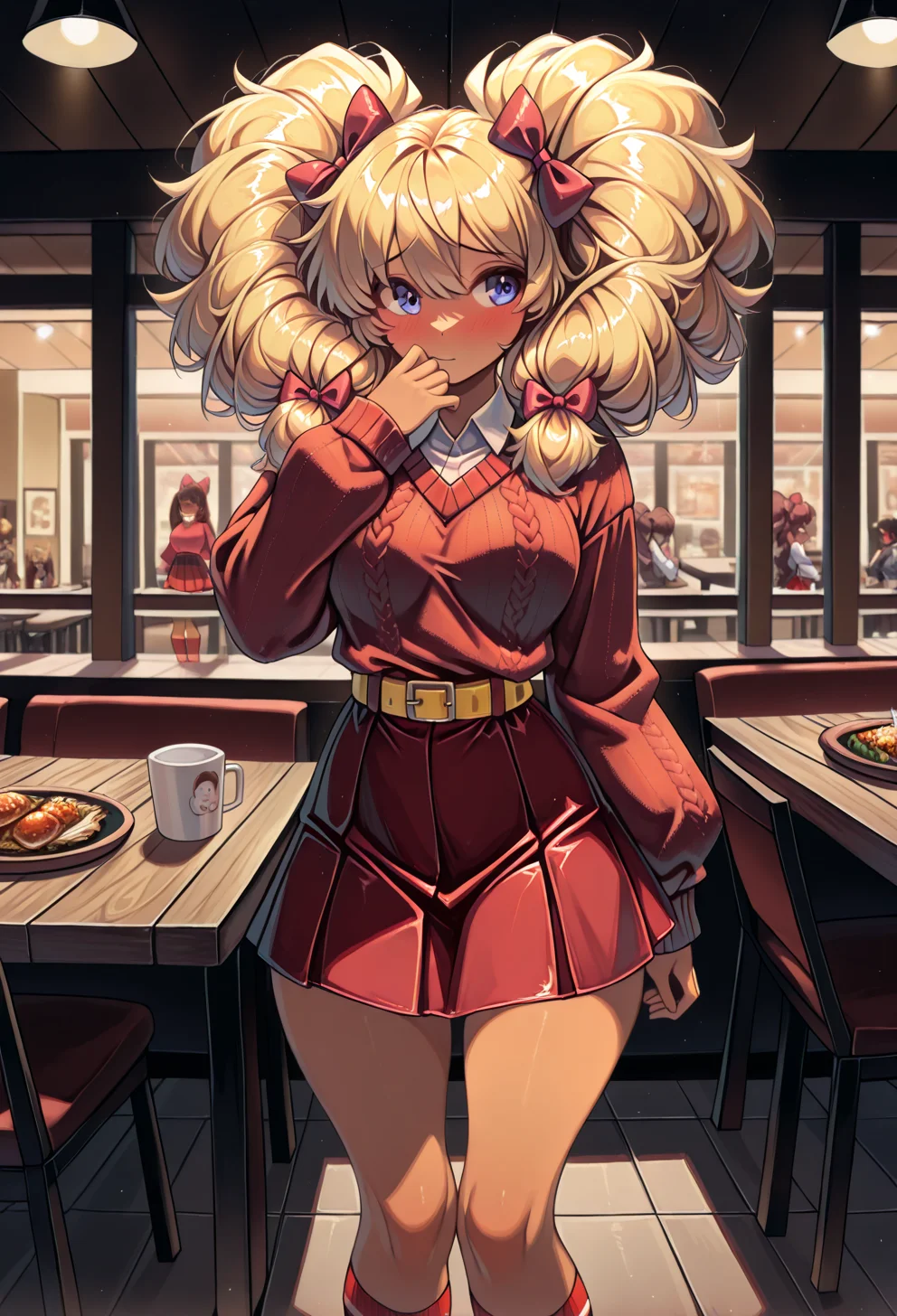 masterpiece, best quality, absurdres,
WPhoebe, standing, shy pose, hand on mouth, big twintails,
red socks, red sweater, red skirt, hair bow, collared shirt, yellow belt,
from front,  
restaurant, table, chairs,