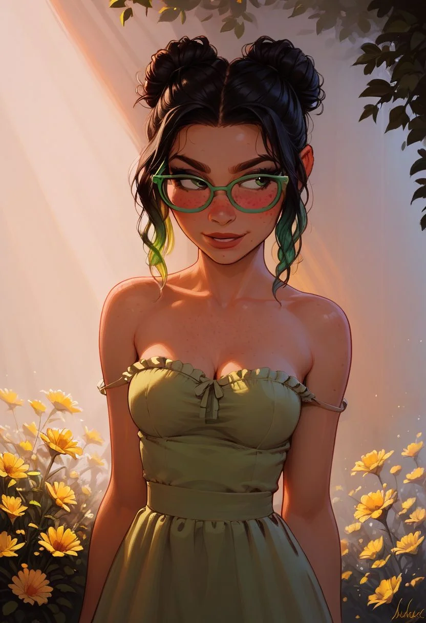 score_9, score_8_up, score_8_up, godrays,, sunlight hitting face, lit from front, sunset sky,  g0thicPXL, GTA, 1girl, (black hair, green hair, gradient hair), hair buns, short hair, green eyes, big perfect eyes, green rimmed glasses, cute face, (freckles:1.2), ((blush)) highly detailed face, (green sundress, off the shoulder dress, strapless dress), bare shoulders, (cleavage), lsmall breasts, freckled breast, round breasts, breasts together, flat chest, youthful tits petite Body, hourglass figure, slender body shape, perfect slender legs, sweating, oiled skin, looking away, slight smile, lusty, seductive, summer heat, heat effects, sun rays, sharp outlining, high contrast, vibrant colors,BREAK, standing in field of flowers, summer