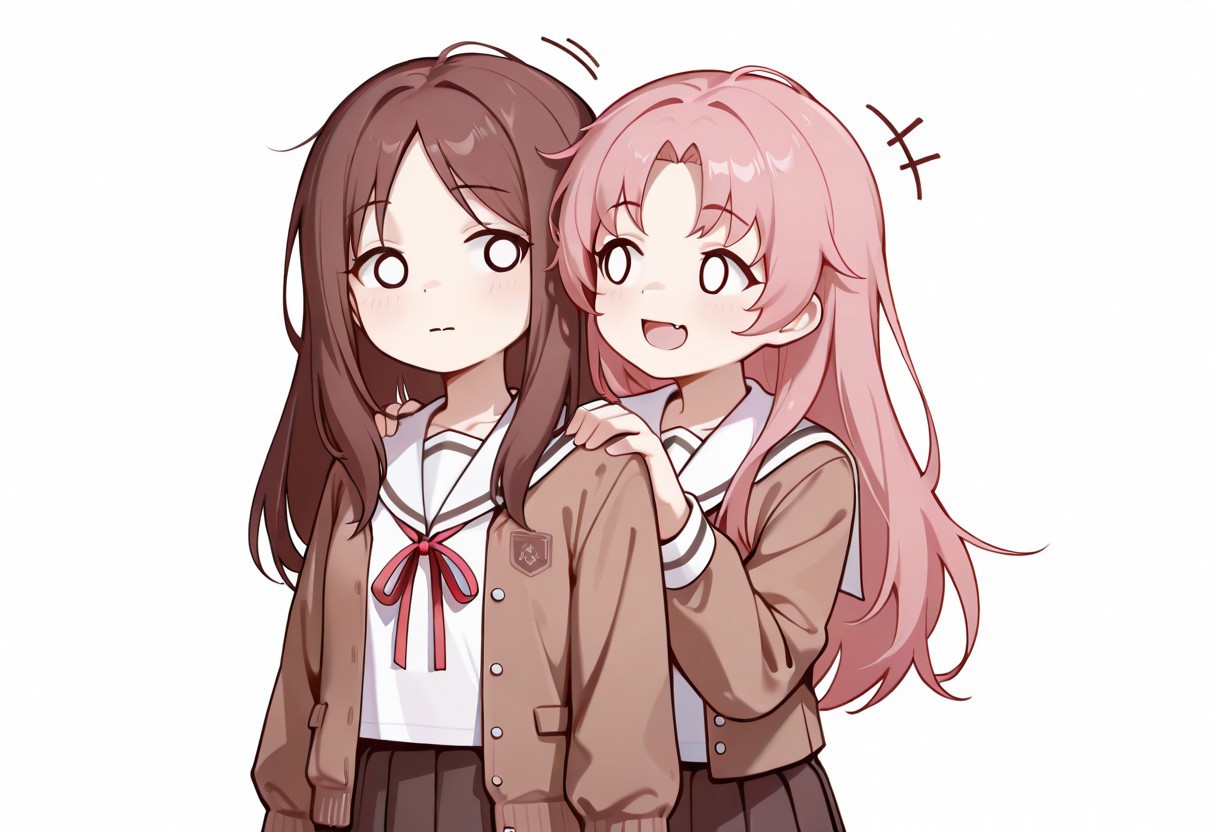 lazypos, girl focus, multiple girls, 2girls, school uniform, brown hair, fang, long hair, skirt, white background, long sleeves, simple background, pink hair, neck ribbon, open mouth, solid circle eyes, o_o, :d, smile, shirt, behind another, pleated skirt, serafuku, motion lines, parted bangs, jacket, closed mouth, ribbon, looking at another, hands on another's shoulders, arms at sides, AkiFnStyle, YoruuStyle