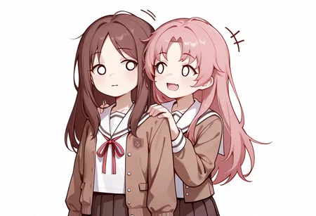 lazypos, girl focus, multiple girls, 2girls, school uniform, brown hair, fang, long hair, skirt, white background, long sleeves, simple background, pink hair, neck ribbon, open mouth, solid circle eyes, o_o, :d, smile, shirt, behind another, pleated skirt, serafuku, motion lines, parted bangs, jacket, closed mouth, ribbon, looking at another, hands on another's shoulders, arms at sides, AkiFnStyle, YoruuStyle