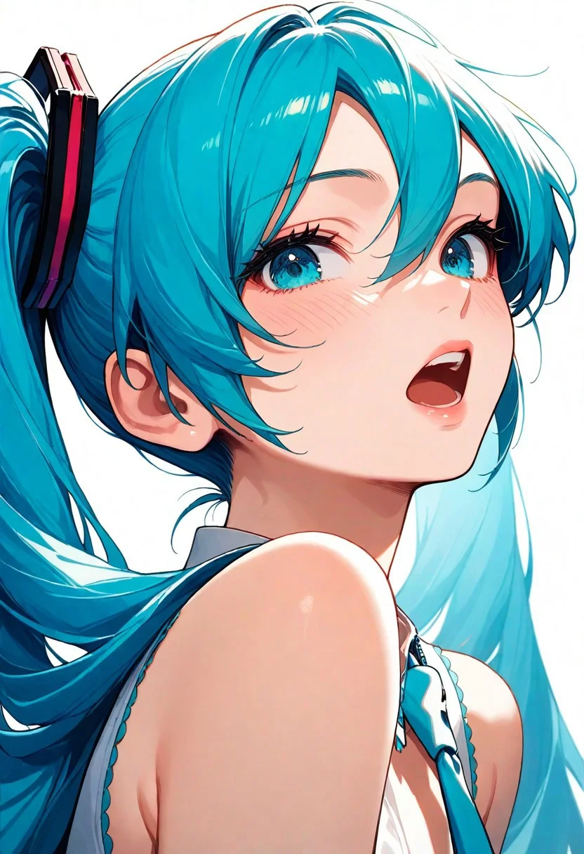 1girl, hatsune_miku, teeth, lips, thin lips, solo, looking at viewer, open mouth, upper body, masterpiece, best quality, very aesthetic