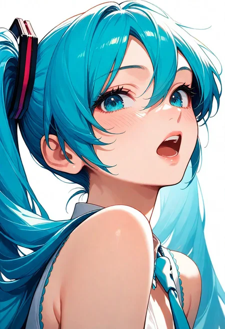 1girl, hatsune_miku, teeth, lips, thin lips, solo, looking at viewer, open mouth, upper body, masterpiece, best quality, very aesthetic