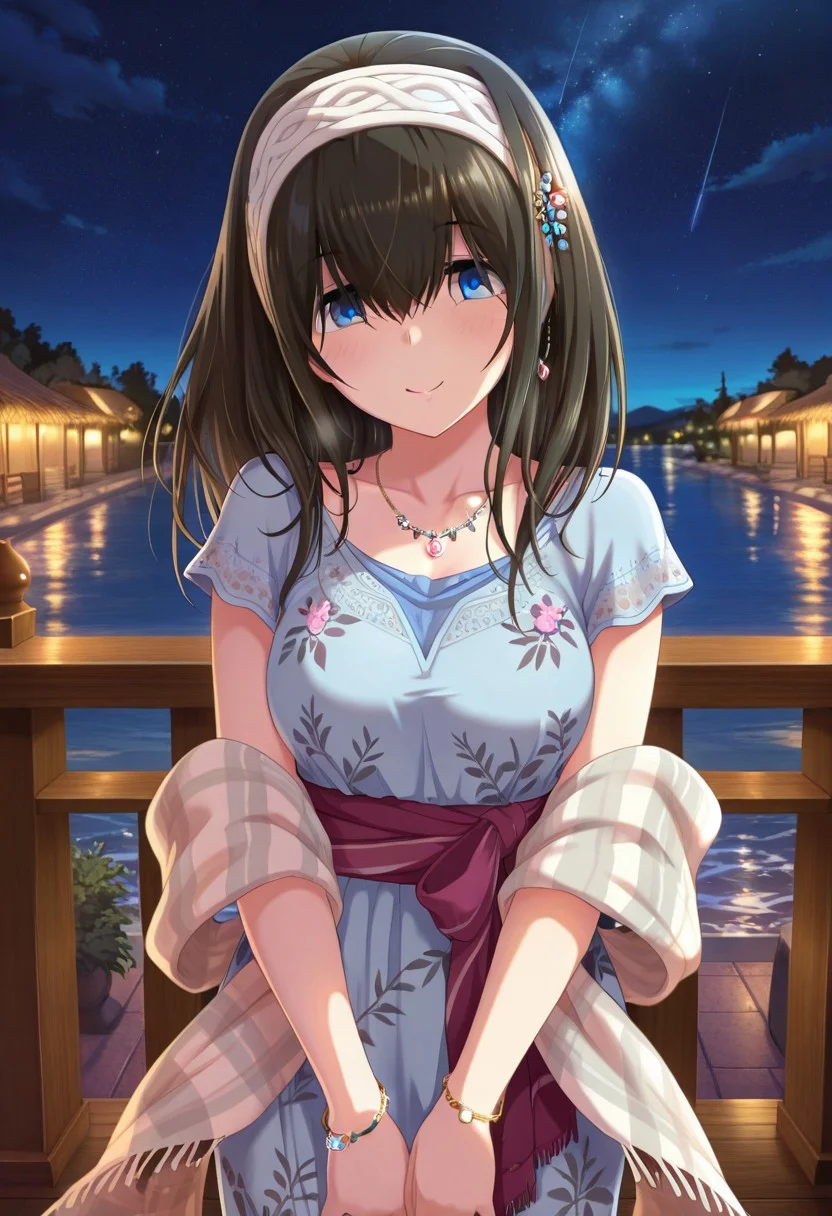 masterpiece,best quality,amazing quality, sagisawa fumika, black hair, blue eyes, 1girl, night, solo, jewelry, night sky, smile, dress, necklace, bracelet, sky, hair ornament, looking at viewer, shawl