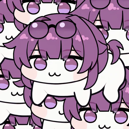 <lora:Doro_X_PDXL_V1:1.0> 8doros, creature, :3, chibi, purple eyes, no humans, white skin, four legs, solid circle eyes, no pupils, <lora:kafkahsr-ponyxl-bshi-v1:1.0> KafkaHSR, pince-nez, eyewear on head, purple hair, sidelocks, short ponytail, purple eyes, empty eyes, simple background,
