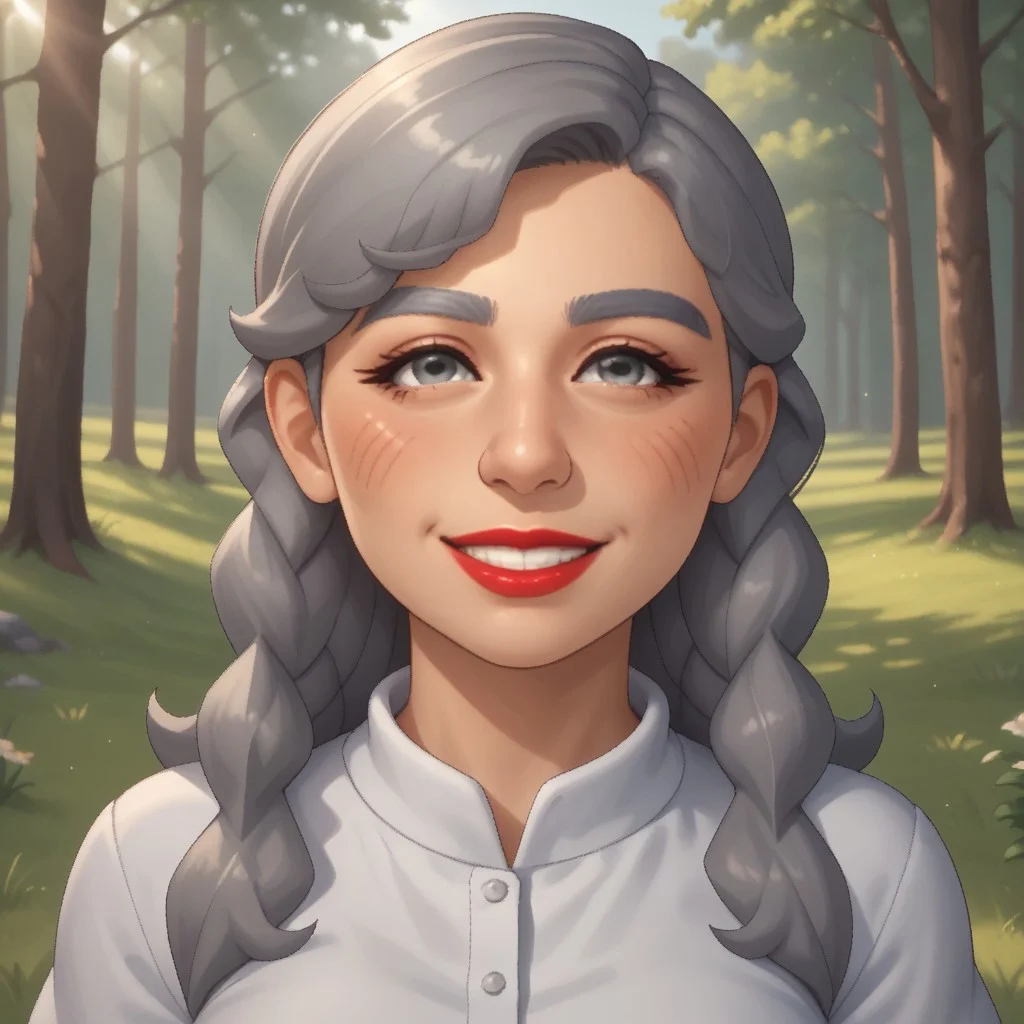 score_9, score_8, BREAK, solo, mii, wii u, gray hair, female mii, 1girl, old woman, wii sports club, gray eyebrows, gray eyes, big nose, blush, facial features, red lips, lipstick, smile, teeth, red clothing, white pants, flip flops, Joana_(\Wii_Sports_Club\), cute, medium breasts, Nintendo Mii, modern_mii, classic_mii, sexy pose, smile, outdoors, sunlight, shadows, evening lighting, natural lighting, forest, trees, grass, orange sky, sunset