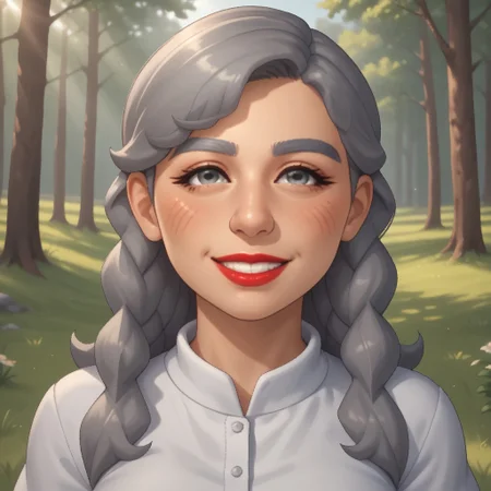 score_9, score_8, BREAK, solo, mii, wii u, gray hair, female mii, 1girl, old woman, wii sports club, gray eyebrows, gray eyes, big nose, blush, facial features, red lips, lipstick, smile, teeth, red clothing, white pants, flip flops, Joana_(\Wii_Sports_Club\), cute, medium breasts, Nintendo Mii, modern_mii, classic_mii, sexy pose, smile, outdoors, sunlight, shadows, evening lighting, natural lighting, forest, trees, grass, orange sky, sunset