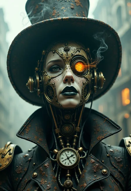 cpstyle01, The image is a high-resolution CGI rendering, capturing the haunting presence of a dystopian steampunk robot sorceress in an extreme close-up. Her mechanical face, an intricate fusion of tarnished brass and corroded iron, is sculpted with eerie elegance—sharp, refined cheekbones contrast with the cracks and pitted metal of her timeworn surface. A single glowing eye, its amber light flickering like a dying ember, stares directly into the camera beneath the wide, decayed brim of her tall, soot-streaked top hat. The other eye is an empty void, framed by delicate, rusted filigree, as if something was violently torn away.
Faint remnants of beauty remain—traces of delicate engravings run along the edges of her jawline, barely visible through the layers of grime and oxidation. Her lips, once finely crafted metal, are now uneven and corroded, revealing glimpses of intricate clockwork beneath. A thick, ghostly mist hisses from the vents at her throat and shoulders, curling around her like a dying breath. Her high-collared coat, a faded relic of stitched leather and riveted brass plating, clings to her slender frame, its once-ornate patterns now barely visible beneath layers of decay. Small, shattered gauges are embedded into the fabric, their cracked glass reflecting the desaturated, lifeless glow of the world around her. The background is an abandoned industrial graveyard, its skeletal ruins barely visible through the thick, toxic fog.