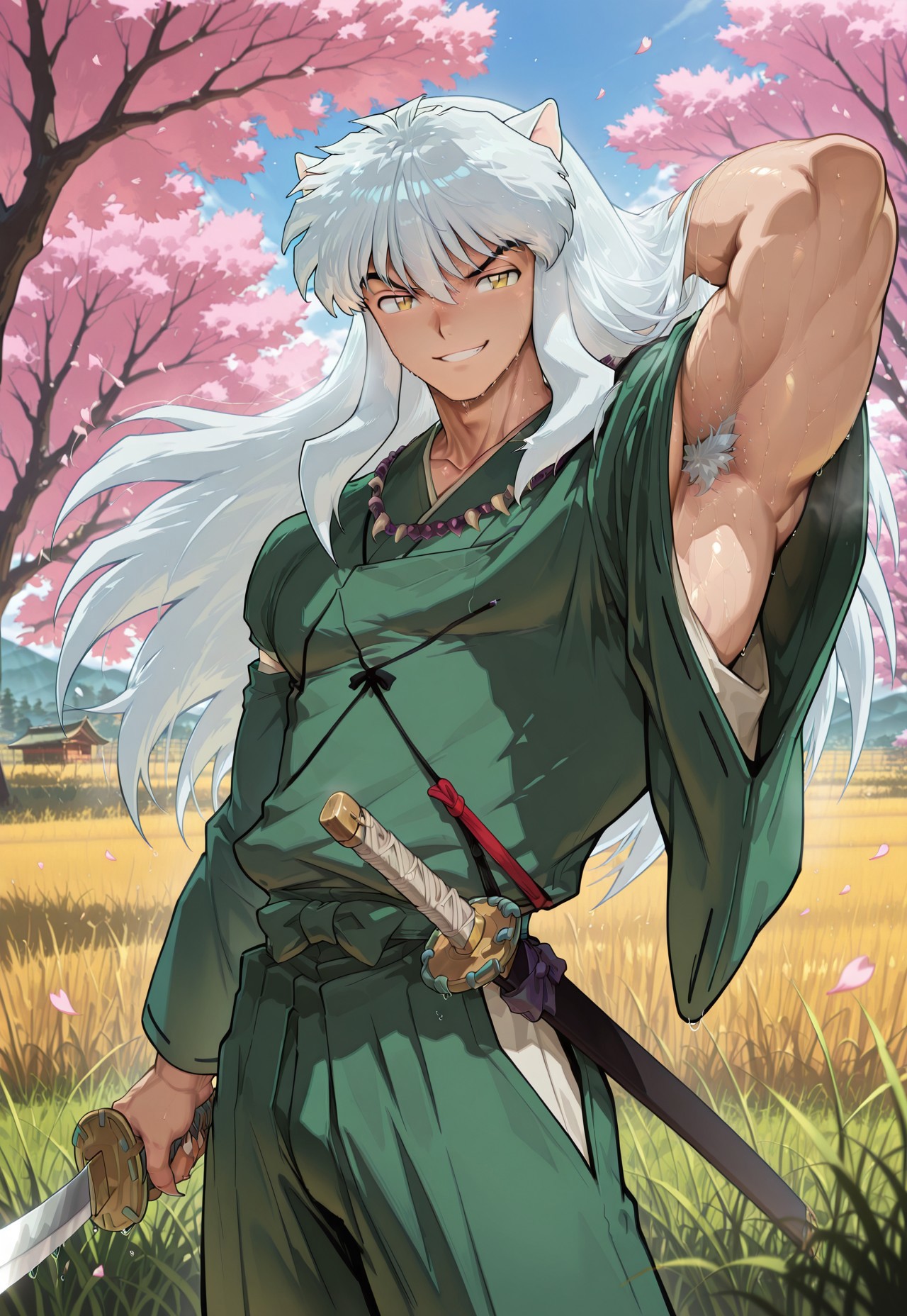 masterpiece, best quality, newest, absurdres, highres, male, bara, male focus, 1boy, muscular, v-taper, long torso, narrow waist,

Inuyasha, long hair, kimono, yellow eyes, white hair, animal ears, in field, cherry blossoms, windy, holding weapon, armpit hair peek, slightly sweaty, grin