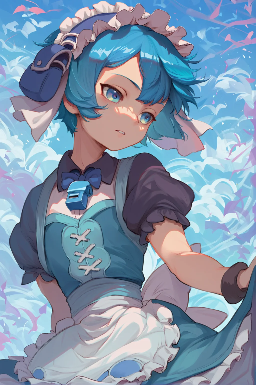 1boy, Maruruk, short hair, blue hair, short sleeves, shirt, pouch hat, otoko no ko, whistle, maid headdress, solo, detailed background <lora:Marulk _Made in Abyss-000009:0.8> <lora:cutesexyronutts_style_xl:0.65> csr style, zPDXL, score_9, score_8_up, score_7_up,