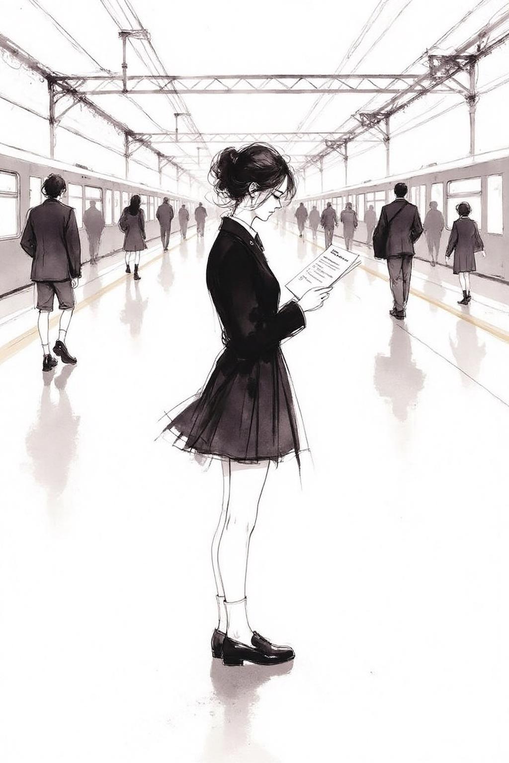 nijiwc1 watercolor ink wash brush style illustration. 
Profile of a high school student in uniform, white socks and black shoes, standing in the middle of a train station, holding two acceptance letters--one for a local college and the other for an overseas university. The station is bustling with people moving in every direction, while she stands still, eyes closed, taking a deep breath as she tries to decide which future to follow. The background is stark white <lora:inkwash_niji_nocap_d6a3:1.0><lora:806948583388535486:0>