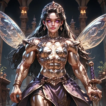 Medium shot, detailed, photorealistic, hyper realistic, score_9, score_8_up, rating_safe, solo ((arch fey, detailed violet eyes, (beautiful woman, underbust armor, skirt, pants, sword belt, and holding a sword), ((bronze metallic gold skin ral-polishedsteel)), ((huge muscles, muscular shoulders, muscular thighs, muscular torso, small petite breasts)), (fairy wings), (long black hair))), (standing next to a multicolored crystal throne, in a detailed throne room filled with treasures, detailed lighting), hi res, hi quality, 4k, concept art, digital art, realistic, detailed background, lens flare, pixel art, piratical beauty, great lighting