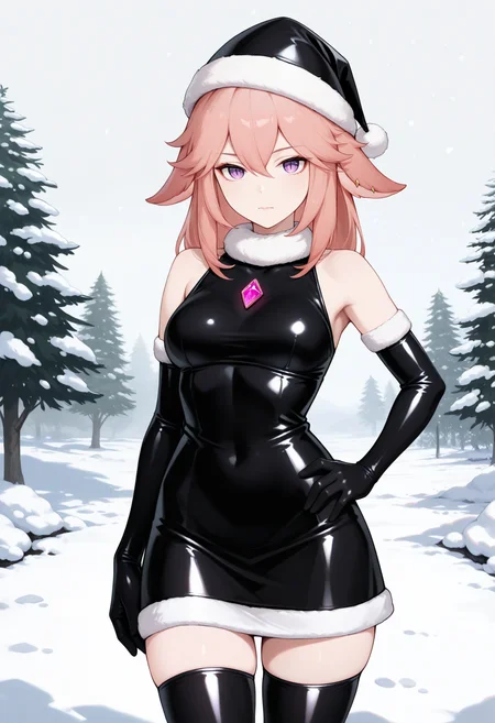 best quality, masterpiece \(quality\),
(yae miko:0.8), medium hair,
serious, closed mouth, slit pupils,
1girl, solo,
black latex, sleeveless dress, santa hat, santa costume, thighhighs, elbow gloves, chest jewel, pink gemstone,
standing, cowboy shot, hand on own hip,
outdoors, snow,
<lora:latex-fantasy-noobvpred-v15mk2-step10560-rank256:0.8>