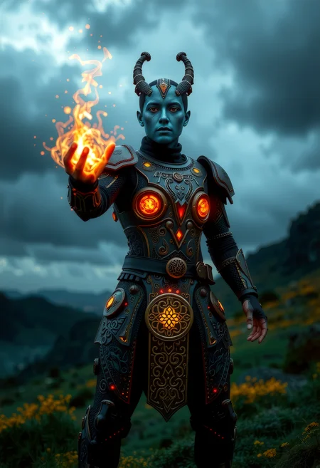 In a futuristic Irish landscape, a mythpunk warrior, a fusion of ancient Celtic traditions and futuristic technology, stands tall. The warrior, a Celticpunk visionary, wears a unique exosuit, its design inspired by ancient Celtic armor. The exosuit's intricate patterns and engravings, reminiscent of Celtic knotwork and mythical creatures, create a distinctive Celtic aesthetic. As the warrior casts a spell, their eyes glowing with mystical energy, they harness the power of ancient lore. The exosuit, with its advanced technology, enhances their abilities, allowing them to channel the ancient ways in this futuristic world. This scene, with its imaginative setting and the warrior's unique blend of magic and technology, leaves viewers enthralled by the fusion of Celtic heritage and futuristic innovation, inviting them to explore the possibilities of a mythpunk future.  <lora:Facial_Scarring_Flux.safetensors:0.6>,  <lora:flux/Realism 2.safetensors:1.0>,