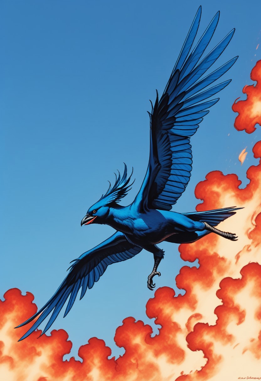A blue bird flying through fire