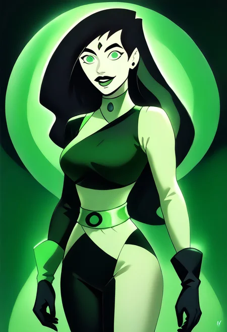 score_9, score_8_up, score_7_up, score_6_up, score_5_up, score_4_up, shego, microchip, squar3_ch1p, black gloves, black hair, bodysuit, smile, green bodysuit, green eyes, green theme, long hair, portrait, solo, (ultra realistic, 32k, masterpiece:1.2), (high detailed skin:1.1), (high quality:1.1), standing at attention, wide eyes, hypnotized, lips parted,