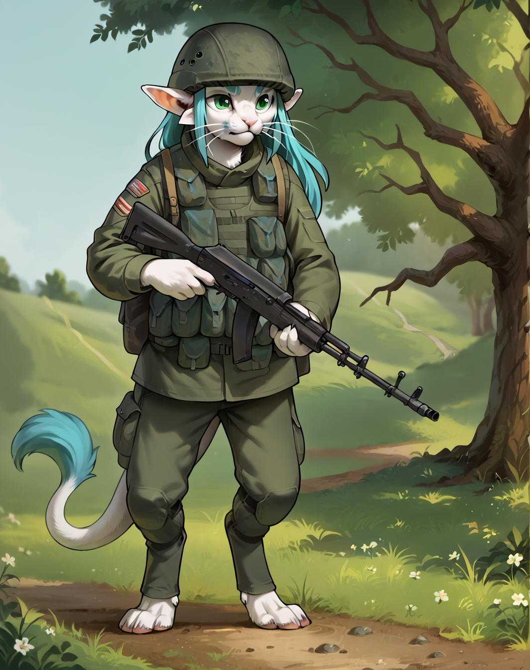 score_9, score_8_up, score_7_up, score_6_up, score_5_up, score_4_up, detailed background, outside, field,  front view BREAK <lora:ariral xl 1024 v1.1 rank128 pony:1.0> (ariral:1.1), feline humanoid, whiskers, white body, female, anthro, cyan hair, long hair, ariral face, medium breasts, multi breast, looking at the camera, digitigrade, long tail, white tail, tail tuft, stand, <lora:RussianSoldierV3-000004:1>, russiansoldier, rifle, holding weapon, helmet, holding ak-74