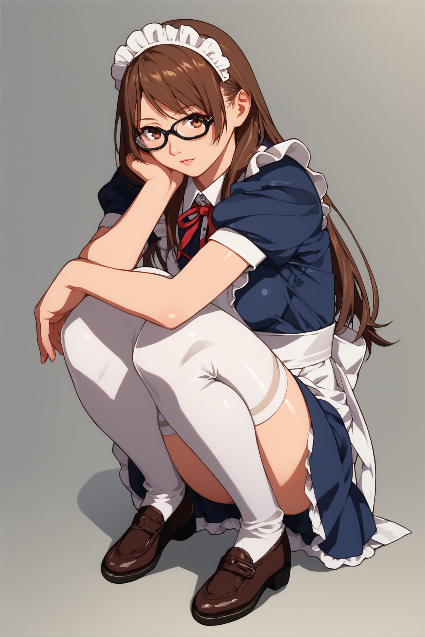 Monaka Noguchi,solo,1girl,thighhighs,glasses,maid,long hair,brown hair,zettai ryouiki,brown eyes,squatting,score_9,score_8_up,<lora:Yasuomi Umetsu_XL_PONY:0.8>,
