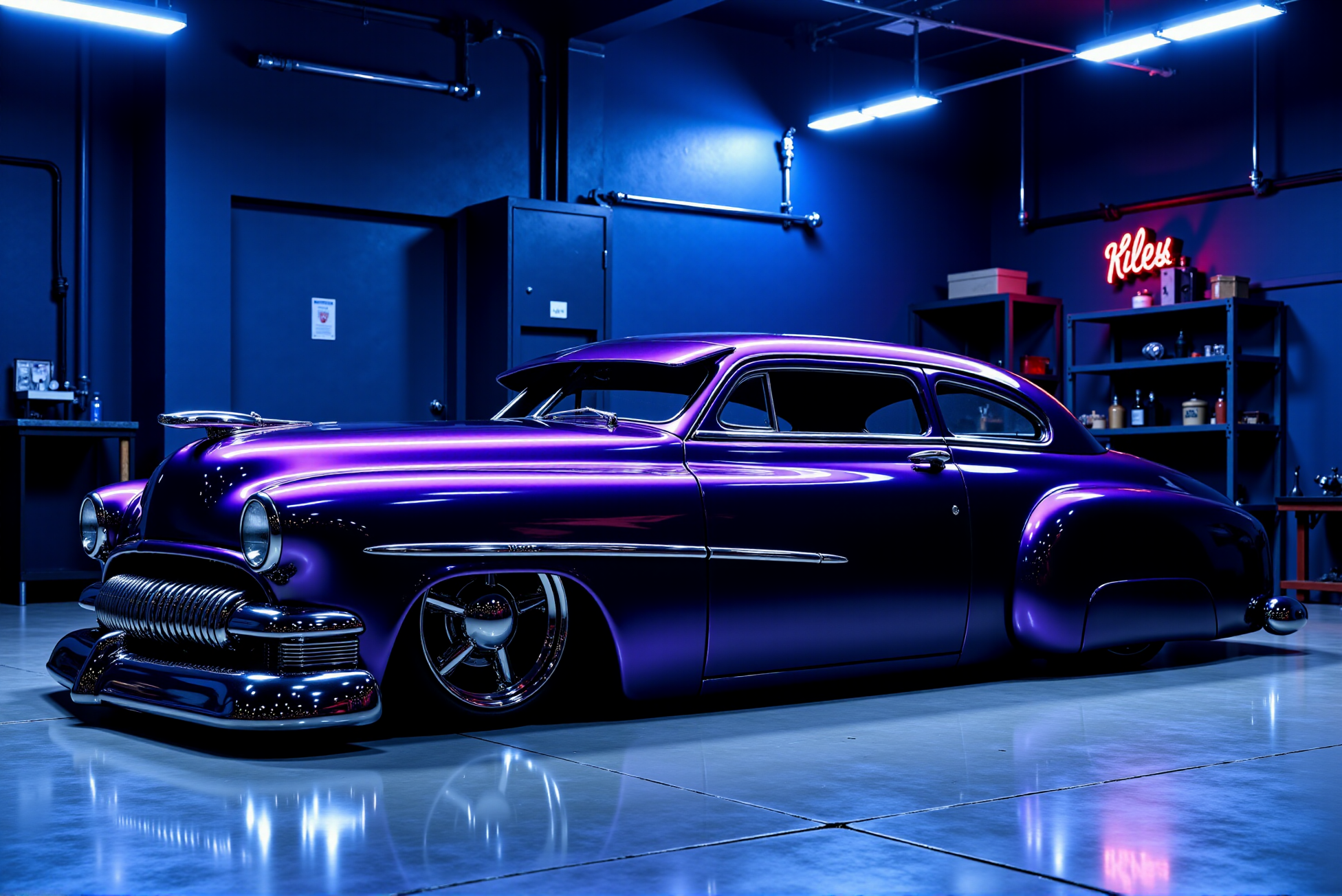 <lora:Hot_rod__style:0.8>
Gliding like a shadow beneath the soft blue overhead lights of a high-end custom shop, a 1949 Mercury Eight Lead Sled steals the spotlight with its low, smoothed-out silhouette coated in an iridescent midnight plum finish that shifts between deep purple, black, and bronze. Barely-there silver ghost flames lick the sides, only visible in certain angles, adding a ghostly presence to its flowing form. Chrome has been shaved and molded seamlessly into the body, the sunken headlights and frenched taillights reinforcing its smooth, almost liquid profile. Riding inches from the ground on hidden air suspension and staggered billet wheels, the car emanates a moody, cinematic cool. It's pure urban jazz–metal reborn as movement, shadow, and groove.