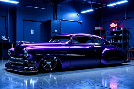 <lora:Hot_rod__style:0.8>
Gliding like a shadow beneath the soft blue overhead lights of a high-end custom shop, a 1949 Mercury Eight Lead Sled steals the spotlight with its low, smoothed-out silhouette coated in an iridescent midnight plum finish that shifts between deep purple, black, and bronze. Barely-there silver ghost flames lick the sides, only visible in certain angles, adding a ghostly presence to its flowing form. Chrome has been shaved and molded seamlessly into the body, the sunken headlights and frenched taillights reinforcing its smooth, almost liquid profile. Riding inches from the ground on hidden air suspension and staggered billet wheels, the car emanates a moody, cinematic cool. It's pure urban jazz–metal reborn as movement, shadow, and groove.