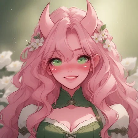 Score_9, Score_8_up, Score_7_up, (masterpiece), best quality, perfect face, perfect anatomy, Tiefling, pointed ears, horns, colored sclera, tail, pink skin, anime girl, green eyes, slim, pink hair, wavy hair, long hair length, white flowy dress, green corset that highlights her waist, white flowers in hair, romantic aura, cleavage, romantic perspective, smiling, nervous, blushing, beautiful perspective. blurred background, nature background