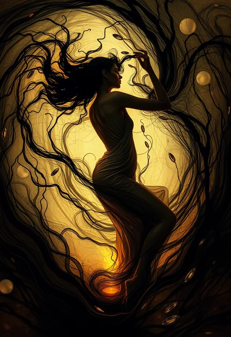 (Soft Lighting Photography by Mimoza Veliu and Mario Giacomelli:1.2), NSFW, romanticism art by Jean-Léon Gérôme and Conrad Roset, Painting, singularity black rivers ripple their banks in the depth-spanning evocative form of this pullarist and whimsical creation: one with an intelligent figure who radiatest passion and intelligence. She wearstrupted into her impressionist physique to decipher what she wants out. She moves confidently across all shapes and sizes crafted from high fiber, carrying through a swirly energy network in which they are filled with complex parts. It is both terrifying for viewers and captivating melancholic. , luxurious sharp focus, intense, dynamic cinematic color, intricate detail, best, located artistic, Fashion and art,elegant and sophisticated, innovative use of light and shadow, capturing the glamour of mid-20th century fashion, Art Nouveau, decorative, allegorical, symbolic