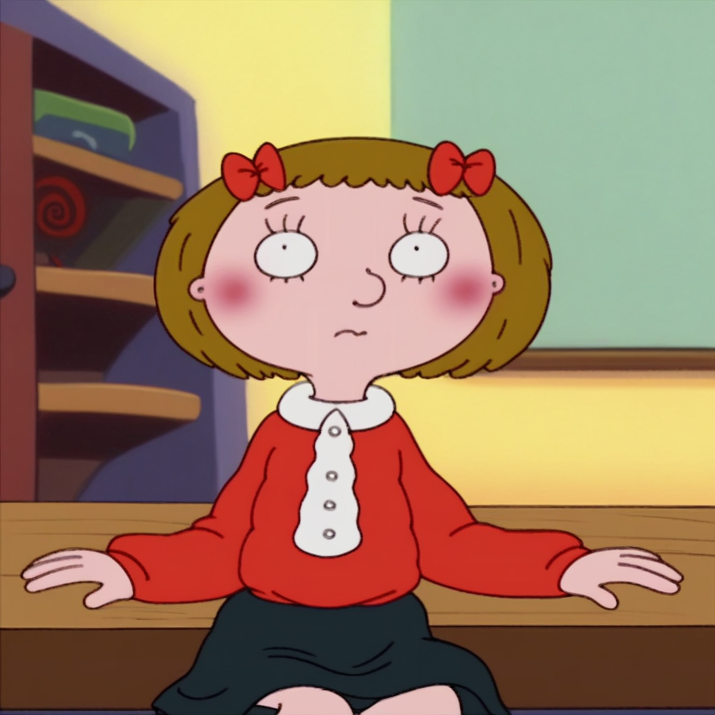 score_9, solo, mona_v, 1girl, short hair, brown hair, hair bow, blush, shirt, long sleeves, skirt, sitting, table, candy