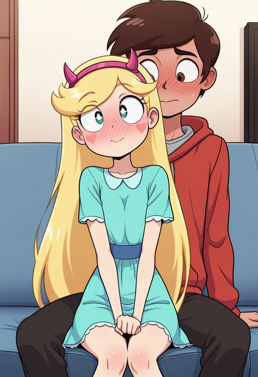 masterpiece, best quality, break. star_co, (1boy, marco_d, hoodie), break, (1girl, star_b, fake horns, dress, very long hair, blondie hair, heart stickers blush), sitting together, living room, front view