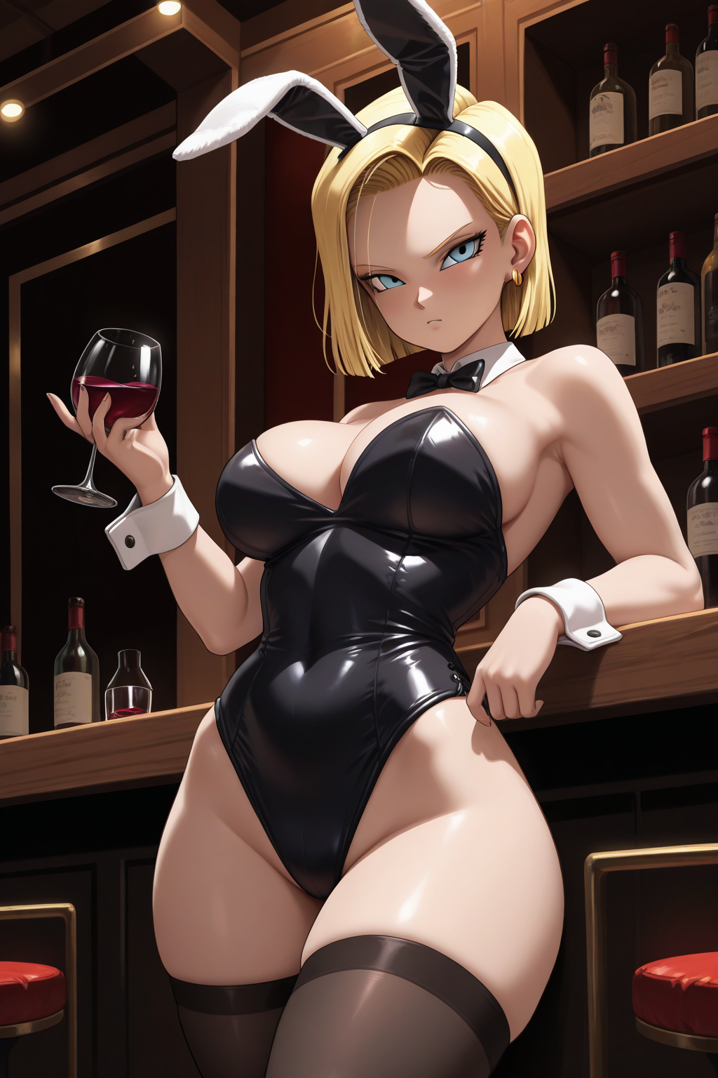 masterpiece, best quality, absurdres, android 18, dragon ball, 1girl, alcohol, animal ears, blonde hair, breasts, cup, drinking glass, fake animal ears, playboy bunny, rabbit ears, red wine, solo, temporal hairline, thighhighs, wine, wine glass