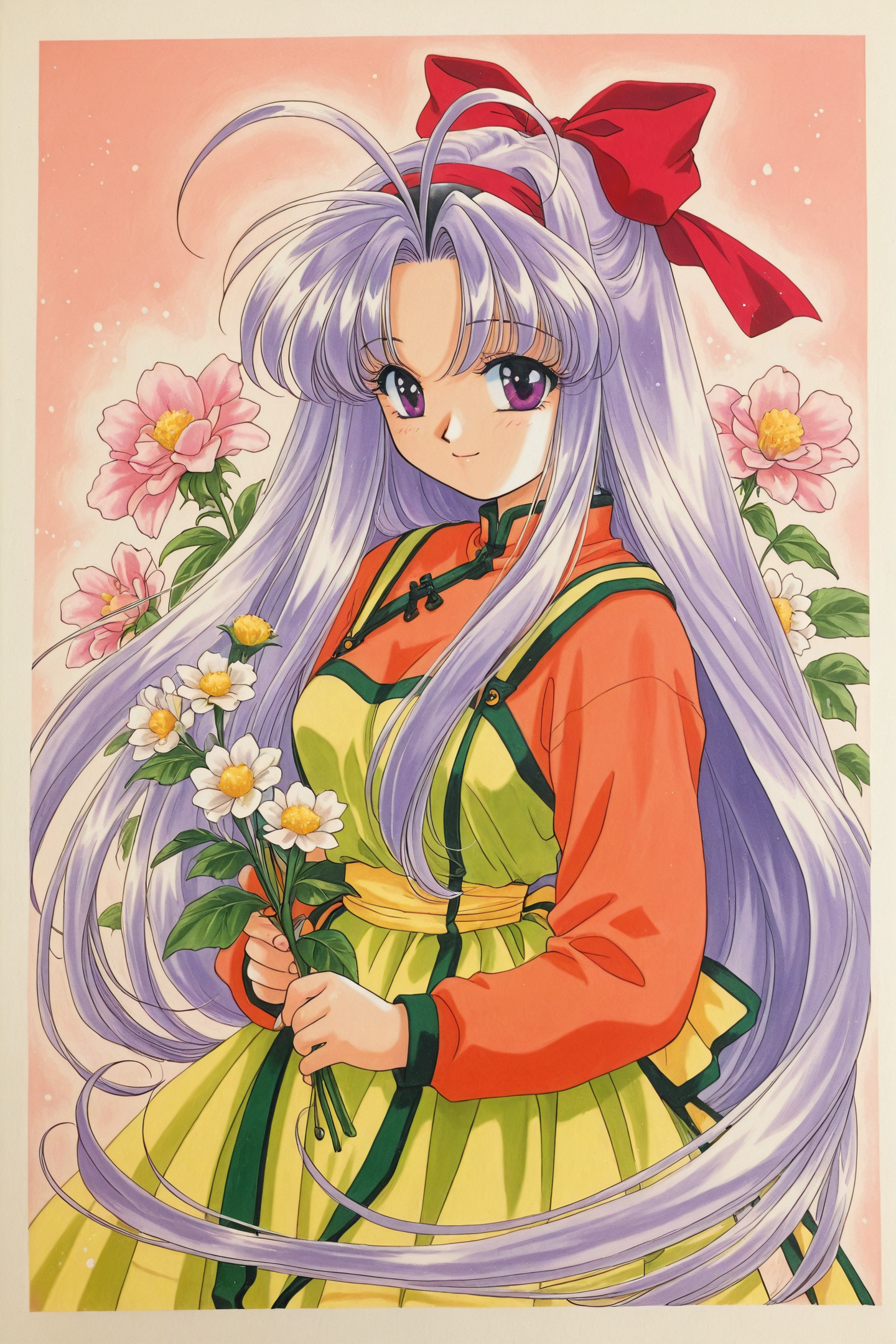 Shaorin,1girl,solo,long hair,antenna hair,purple eyes,ribbon,smile,long sleeves,flower,1990s (style),bow,dress,hair bow,hair ribbon,looking at viewer,retro artstyle,very long hair,purple hair,traditional media,
<lora:Minene Sakurano_illustriousXL:0.8>,