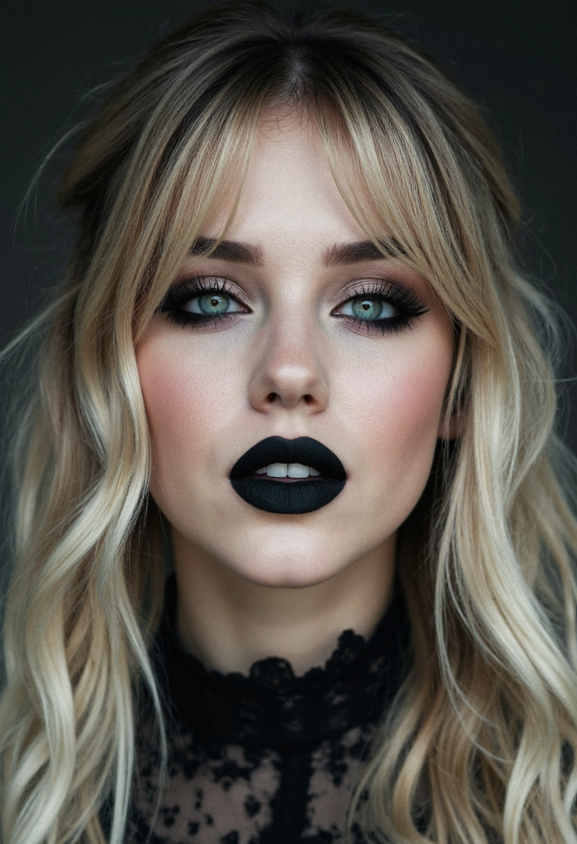 analog photo portrait of a breathtaking russian teen beauty influencer with a gorgeous pale goth girl style and intense black eyeshadow and lipstick accentuating her piercing blue eyes and long lashes. Her long hair is blonde with dark roots and she is smiling seductively with full expressive lips.