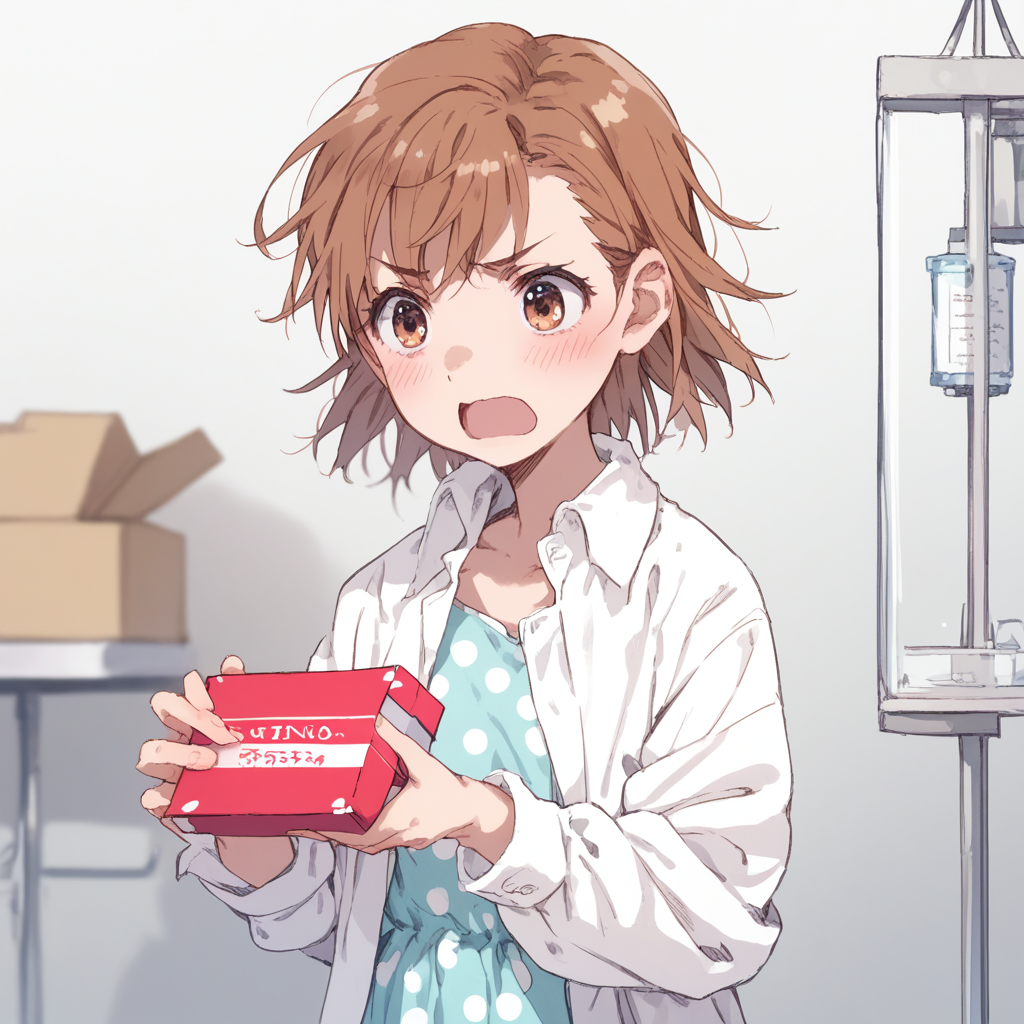 anime coloring, score_9, score_8_up, score_7_up, score_6_up, misaka20001 last-order, toaru, 1girl, solo, brown hair, polka dot, shirt, open mouth, short hair, parody, box, upper body, polka dot dress, holding, blush, white shirt, open clothes, blue dress, holding box, dress shirt, clinic, hospital interior