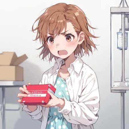 anime coloring, score_9, score_8_up, score_7_up, score_6_up, misaka20001 last-order, toaru, 1girl, solo, brown hair, polka dot, shirt, open mouth, short hair, parody, box, upper body, polka dot dress, holding, blush, white shirt, open clothes, blue dress, holding box, dress shirt, clinic, hospital interior