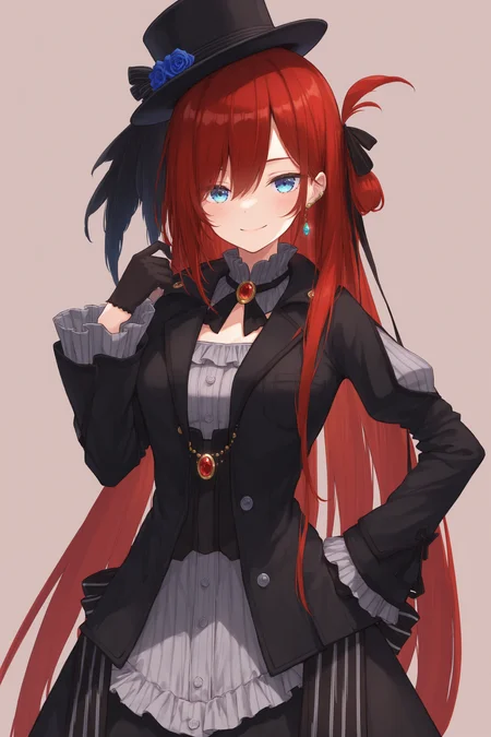 masterpiece, best quality, absurdres, safe <lora:riviere_IL:1>
1girl riviere
black dress, grey shirt, black gloves, black headwear, long sleeves, jewelry, top hat, hat flower
simple background, smile, hand on hip