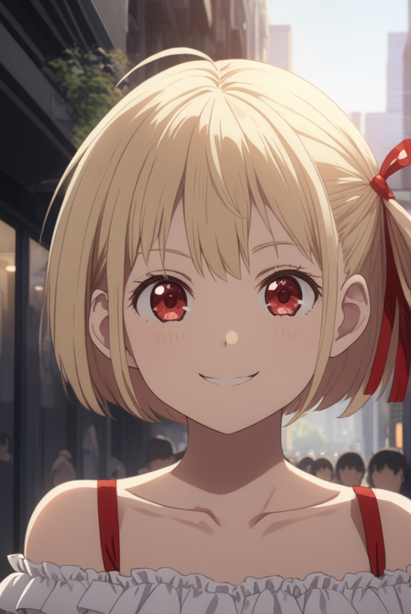 masterpiece, best quality, highres, 4k, 8k, intricate detail, cinematic lighting, amazing quality, amazing shading, soft lighting, Detailed Illustration, anime style,
chisatonishikigi, <lora:chisato-nishikigi-s1-sdxl-lora-nochekaiser:0.75>,
chisato nishikigi, short hair, bangs, blonde hair, red eyes, hair ribbon, one side up, bob cut, smile,
shirt, bare shoulders, twintails, collarbone, hair ribbon, white shirt, frills, off shoulder, red ribbon, short twintails, off-shoulder shirt, frilled shirt,
outdoors, cityscape, crowd, people, 
looking at viewer, full body,